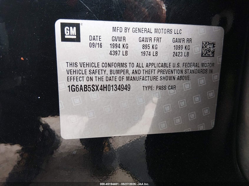 2017 Cadillac Ats Luxury VIN: 1G6AB5SX4H0134949 Lot: 45194481