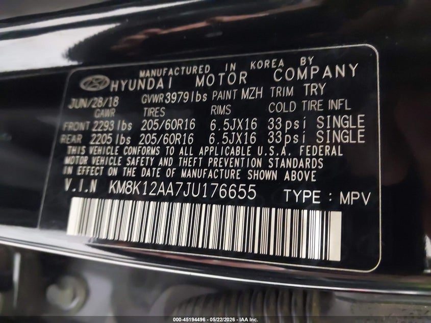 2018 Hyundai Kona Se VIN: KM8K12AA7JU176655 Lot: 45194496