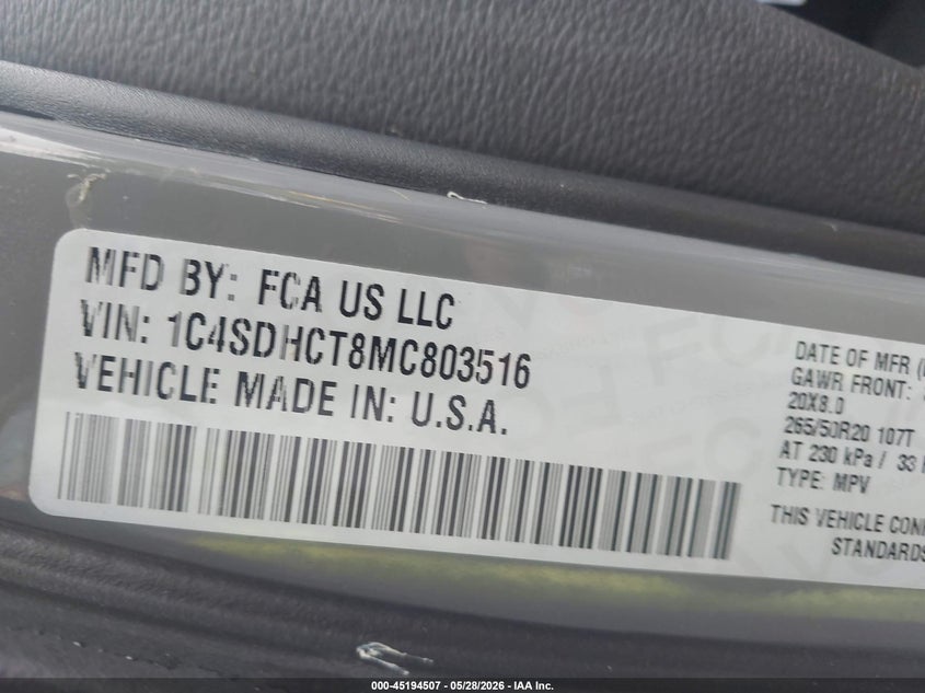 2021 Dodge Durango R/T Rwd VIN: 1C4SDHCT8MC803516 Lot: 45194507