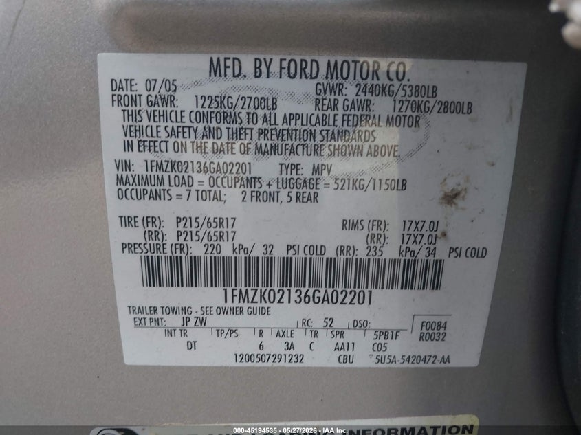 2006 Ford Freestyle Sel VIN: 1FMZK02136GA02201 Lot: 45194535