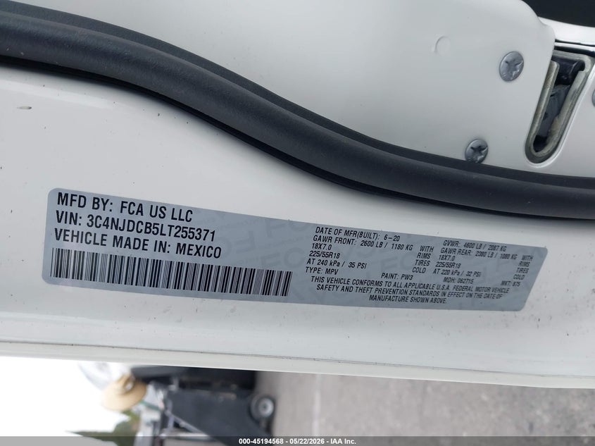 2020 JEEP COMPASS SPORT UTILITY VEHICLE 2.4L I-4 VVT, 180HP