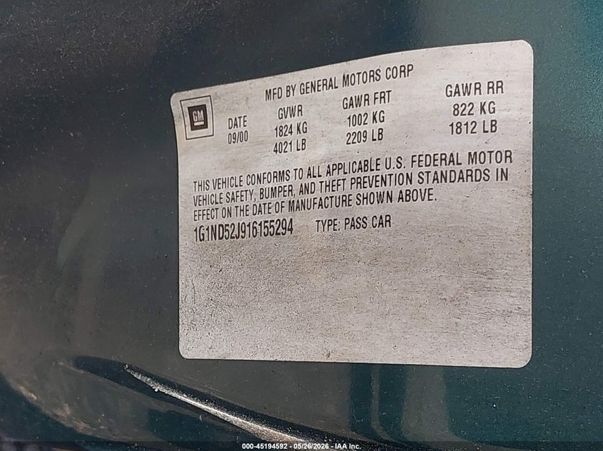 2001 Chevrolet Malibu VIN: 1G1ND52J916155294 Lot: 45194592