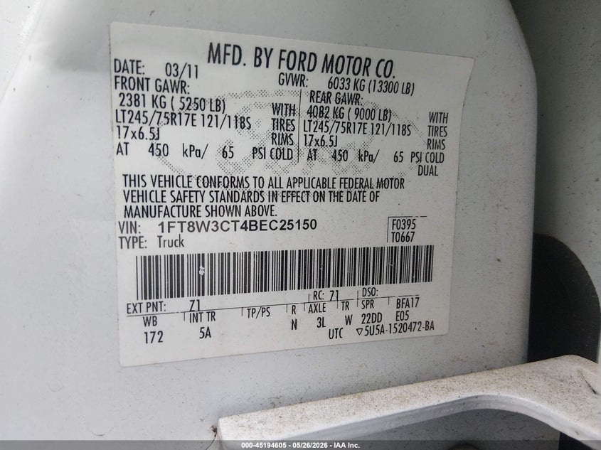 2011 Ford F-350 Lariat VIN: 1FT8W3CT4BEC25150 Lot: 45194605
