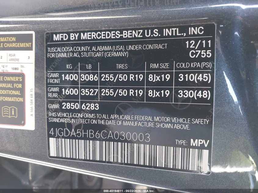 2012 Mercedes-Benz Ml 350 4Matic VIN: 4JGDA5HB6CA030003 Lot: 45194611