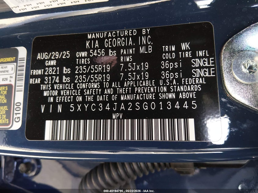 2025 Kia Ev6 Wind Rwd VIN: 5XYC34JA2SG013445 Lot: 45194796