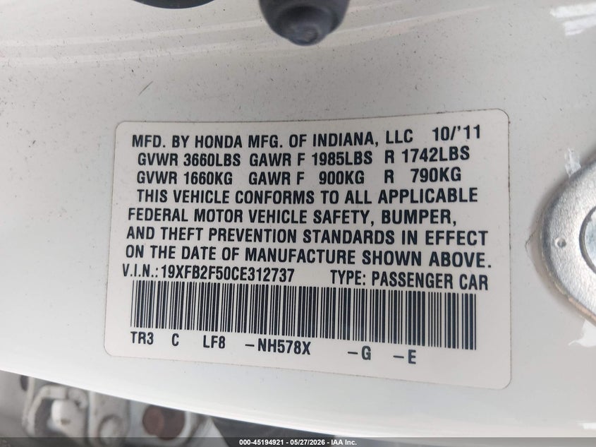 2012 Honda Civic 1.8 Lx white Lot 111045194921 Vin 19XFB2F50CE312737