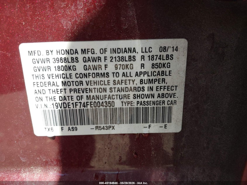 2015 Acura Ilx 2.0L VIN: 19VDE1F74FE004350 Lot: 45194946