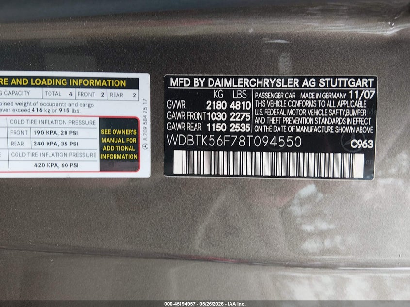 2008 Mercedes-Benz Clk 350 VIN: WDBTK56F78T094550 Lot: 45194957