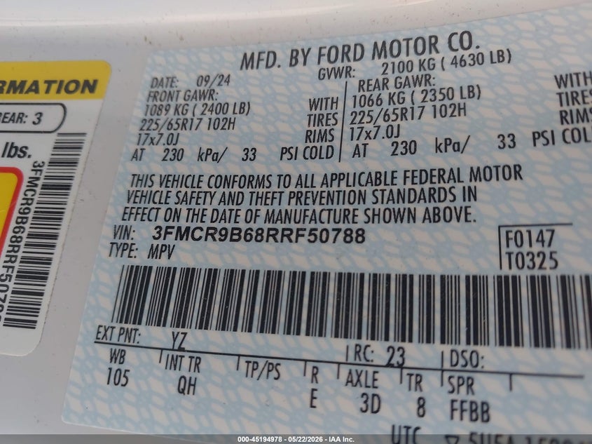 2024 Ford Bronco Sport Big Bend VIN: 3FMCR9B68RRF50788 Lot: 45194978