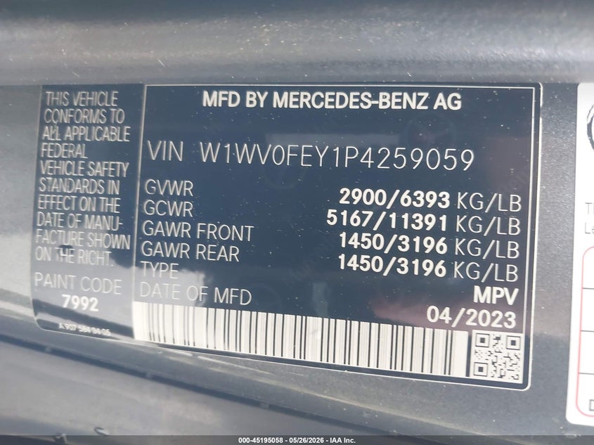 2023 Mercedes-Benz Metris VIN: W1WV0FEY1P4259059 Lot: 45195058