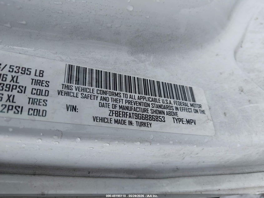 2016 Ram Promaster City Tradesman VIN: ZFBERFAT9G6B86853 Lot: 45195118
