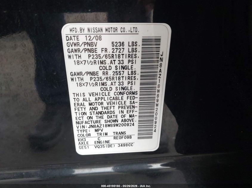 2009 Nissan Murano S VIN: JN8AZ18W89W200924 Lot: 45195180