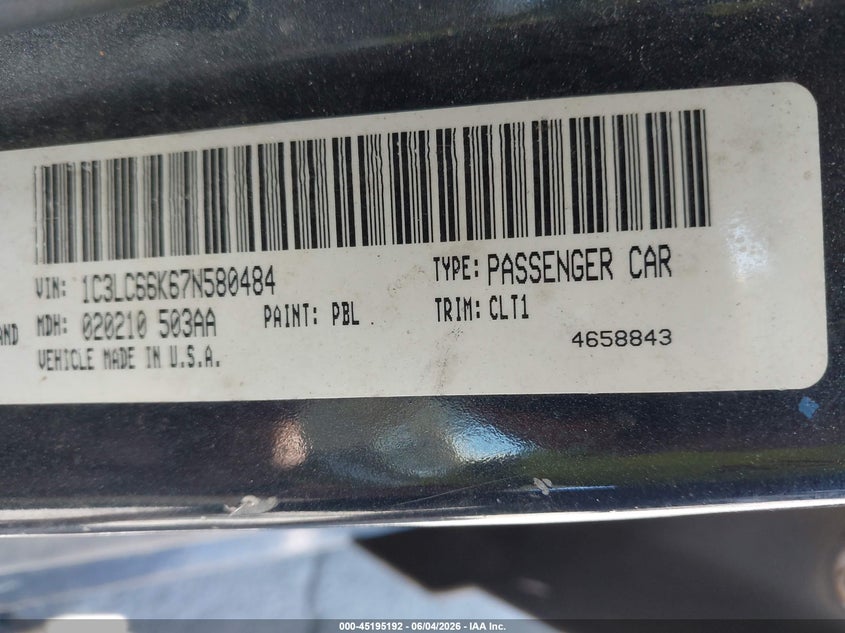 2007 Chrysler Sebring Limited VIN: 1C3LC66K67N580484 Lot: 45195192