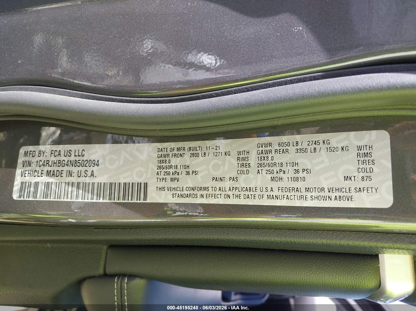 VIN 1C4RJHBG4N8502094 2022 JEEP GRAND CHEROKEE LIMITED 4X4
