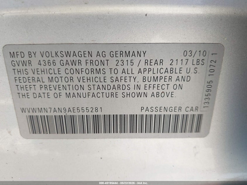 2010 Volkswagen Cc Sport VIN: WVWMN7AN9AE555281 Lot: 45195444