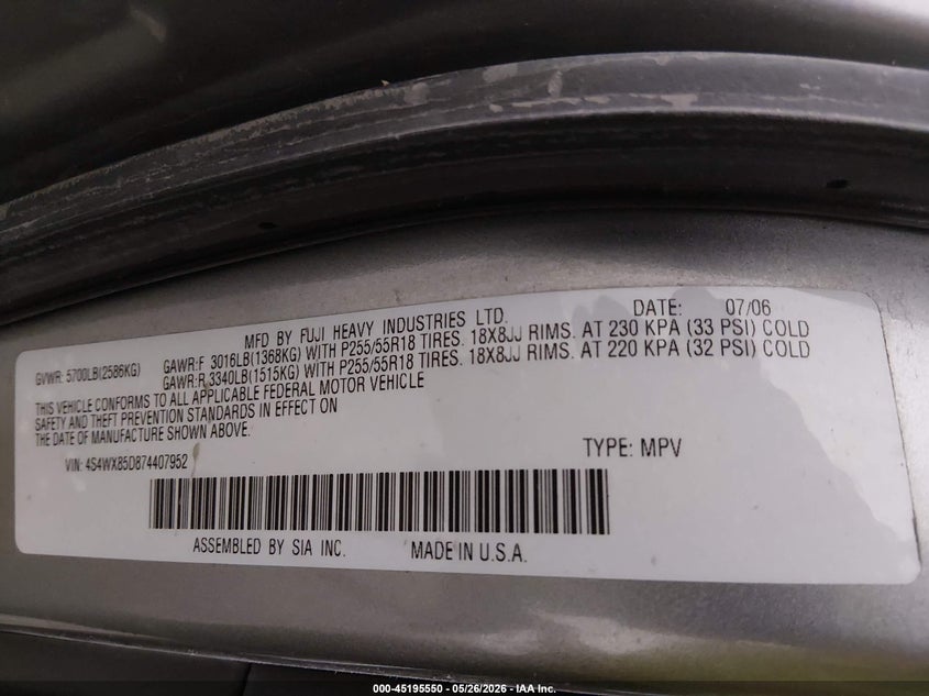2007 Subaru B9 Tribeca Limited 7-Passenger VIN: 4S4WX85D874407952 Lot: 45195550