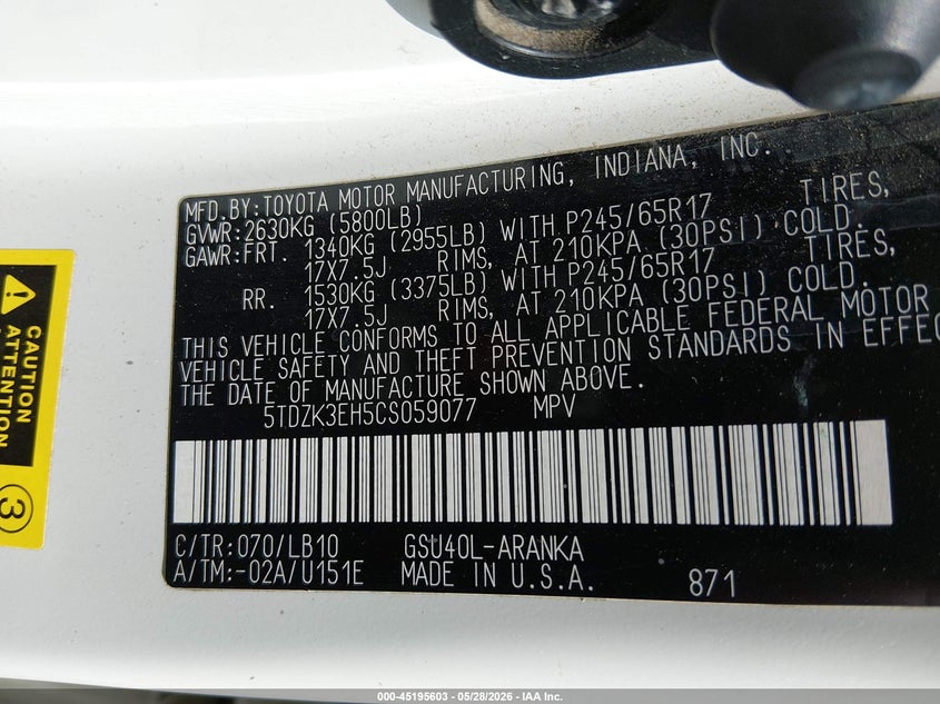 2012 Toyota Highlander 3.5 Se V6 white Lot 111045195603 Vin 5TDZK3EH5CS059077