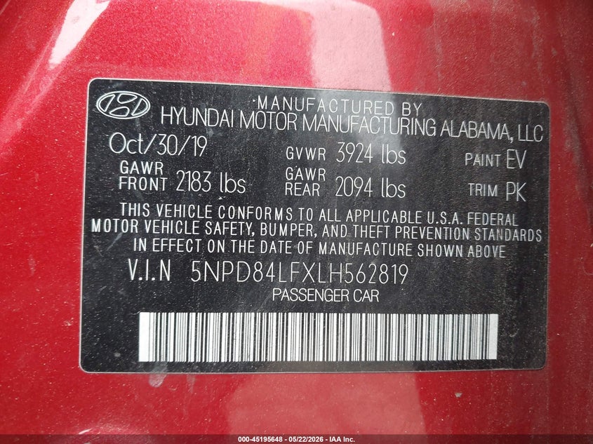 VIN 5NPD84LFXLH562819 2020 HYUNDAI ELANTRA SEL