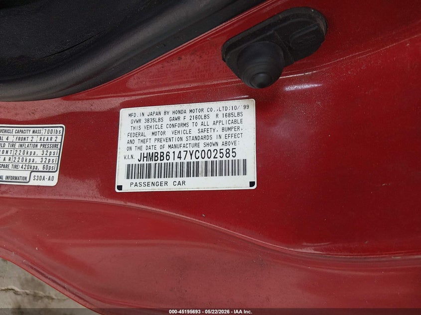 2000 Honda Prelude VIN: JHMBB6147YC002585 Lot: 45195693