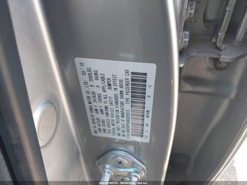 2010 Acura Tsx 2.4 VIN: JH4CU2F6XAC025513 Lot: 45195753