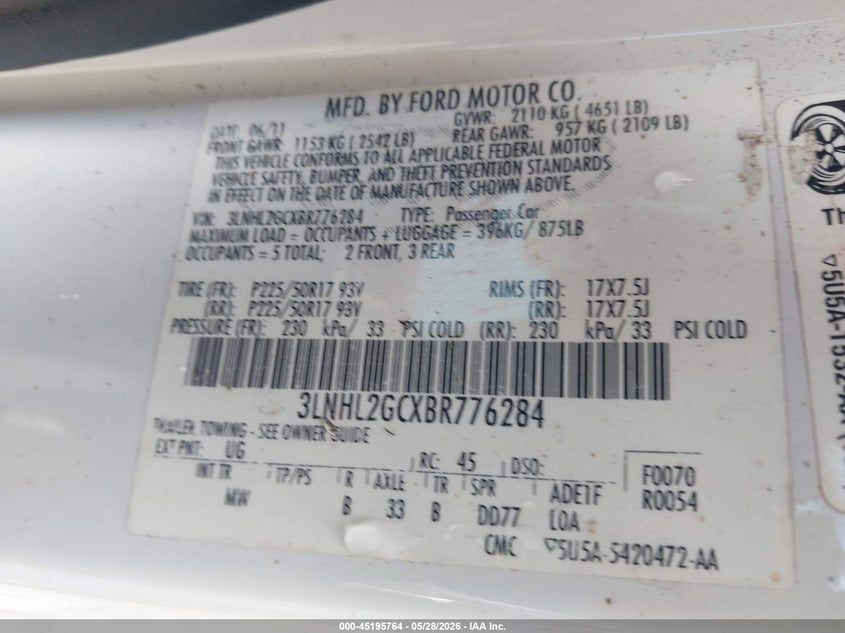 2011 Lincoln Mkz VIN: 3LNHL2GCXBR776284 Lot: 45195764