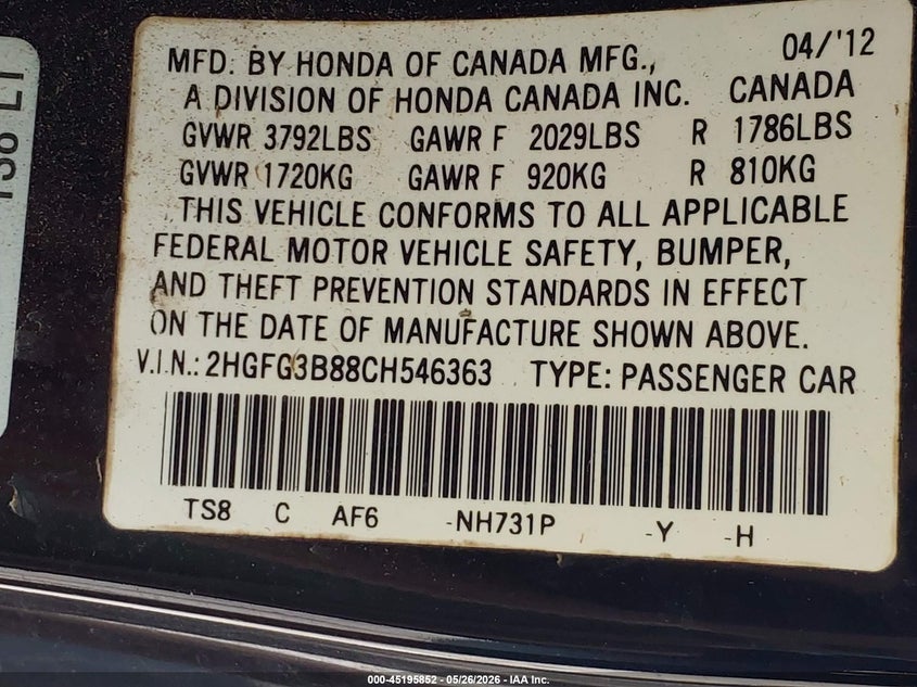 2012 Honda Civic 1.8 Ex black Lot 111045195852 Vin 2HGFG3B88CH546363
