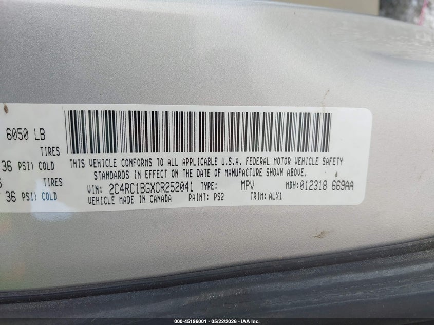 2012 Chrysler Town & Country Touring VIN: 2C4RC1BGXCR252041 Lot: 45196001