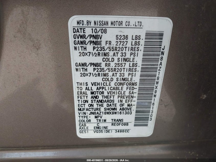 2009 Nissan Murano Le VIN: JN8AZ18WX9W161303 Lot: 45196031