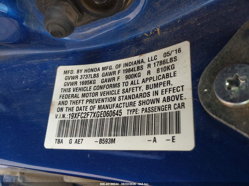 2016 HONDA CIVIC SEDAN 2.0L I-4 DOHC, VVT, 158HP