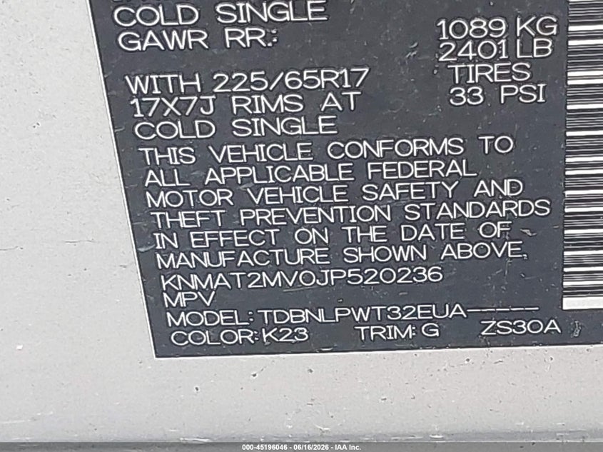VIN KNMAT2MV0JP520236 2018 NISSAN ROGUE S