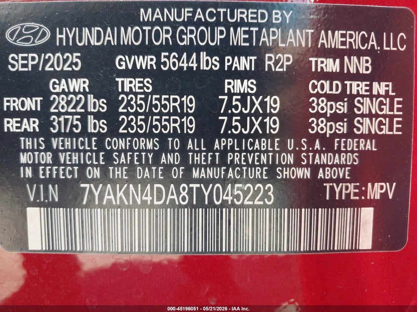 2026 Hyundai Ioniq 5 Sel VIN: 7YAKN4DA8TY045223 Lot: 45196051