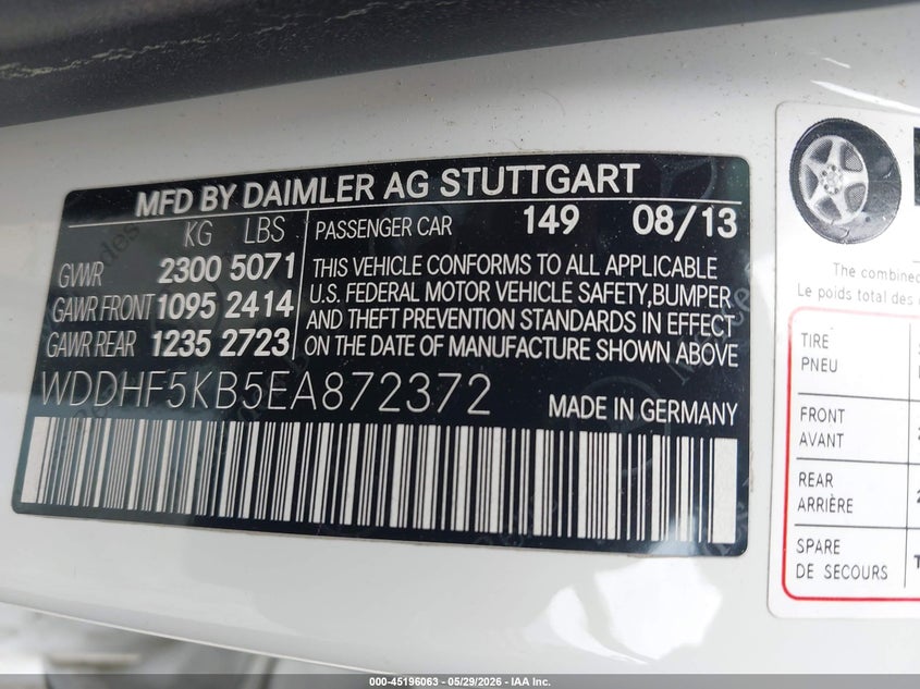 2014 Mercedes-Benz E 350 VIN: WDDHF5KB5EA872372 Lot: 45196063