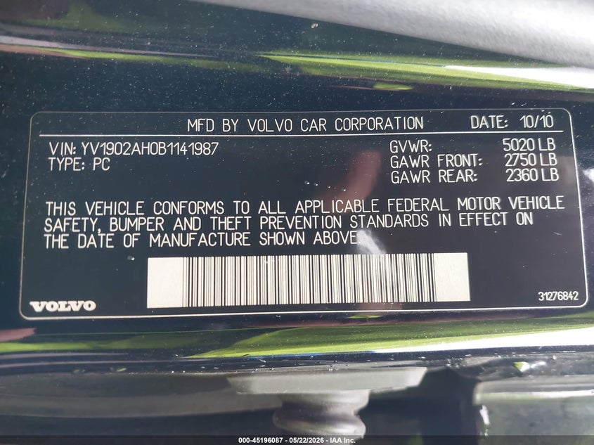 2011 Volvo S80 T6 VIN: YV1902AH0B1141987 Lot: 45196087