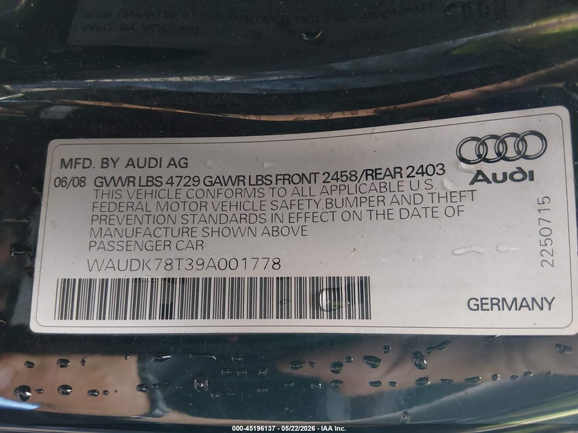 2009 Audi A5 3.2L VIN: WAUDK78T39A001778 Lot: 45196137
