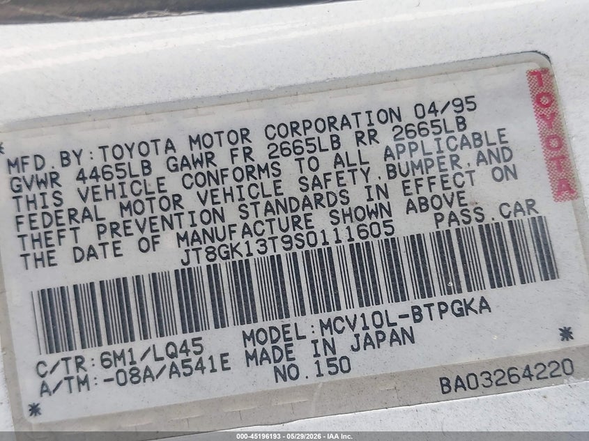 1995 Lexus Es 300 VIN: JT8GK13T9S0111605 Lot: 45196193