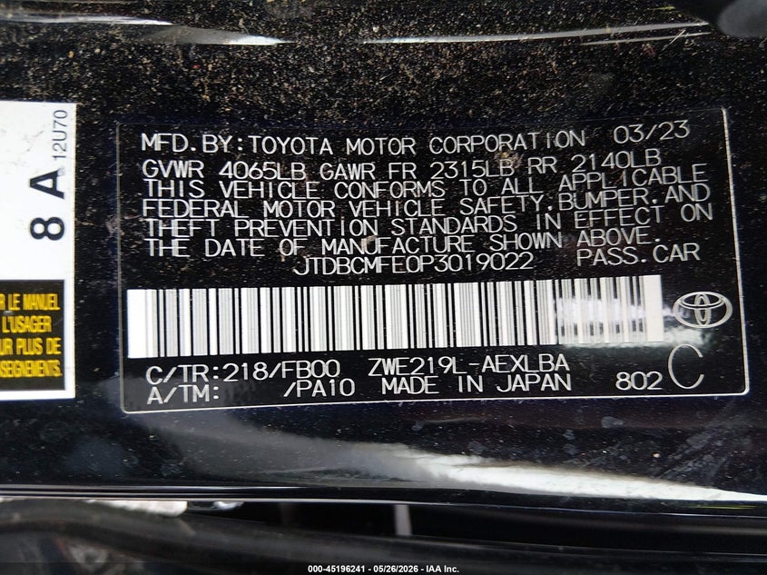 VIN JTDBCMFE0P3019022 2023 TOYOTA COROLLA HYBRID LE