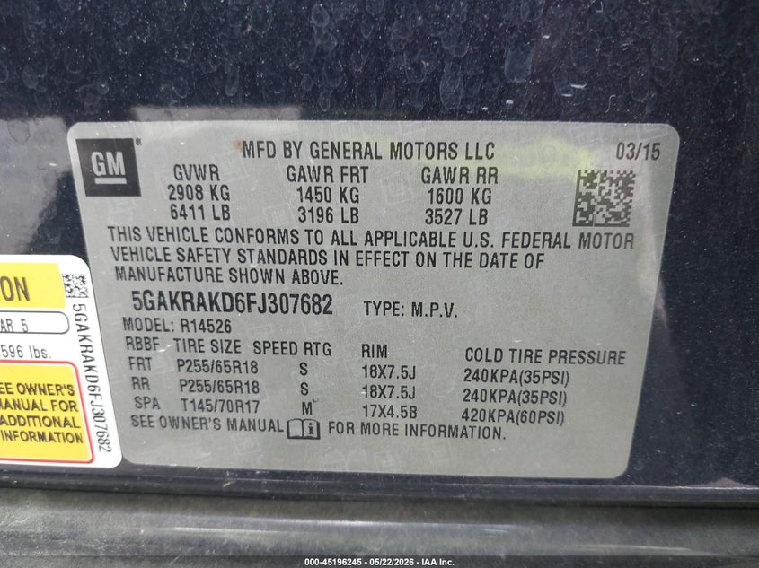 2015 Buick Enclave Convenience VIN: 5GAKRAKD6FJ307682 Lot: 45196245