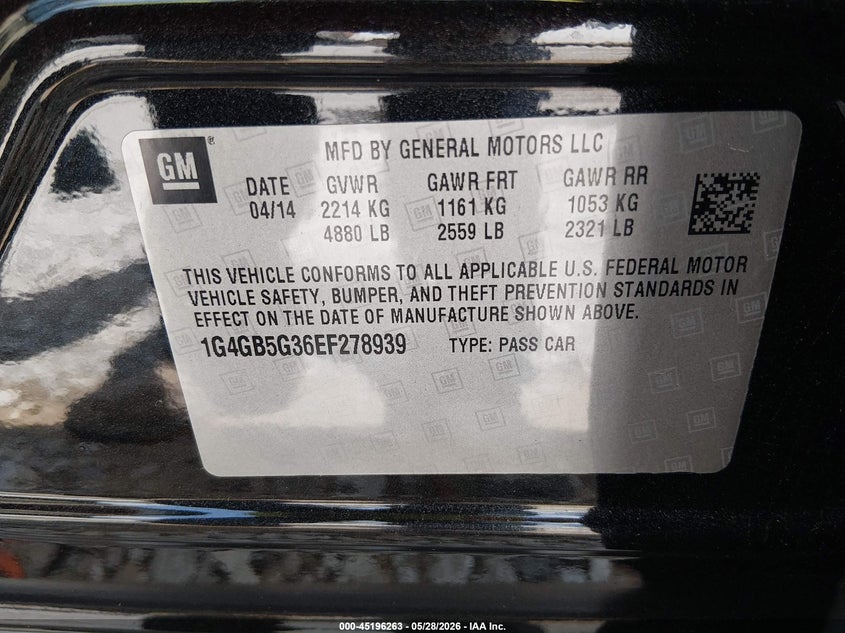 2014 Buick Lacrosse Leather Group VIN: 1G4GB5G36EF278939 Lot: 45196263