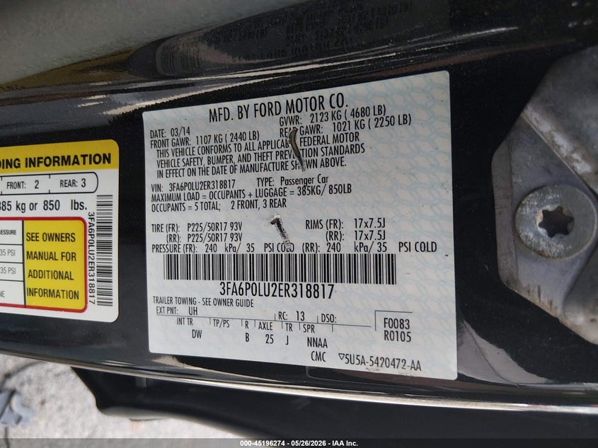 2014 Ford Fusion Hybrid Se VIN: 3FA6P0LU2ER318817 Lot: 45196274