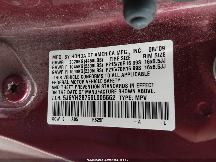 2009 Honda Element Ex VIN: 5J6YH28759L005662 Lot: 45196285