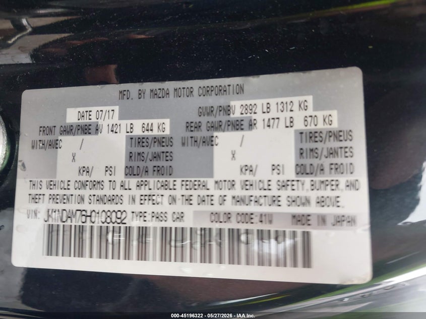 2017 Mazda Mx-5 Miata Rf Grand Touring VIN: JM1NDAM76H0108092 Lot: 45196322