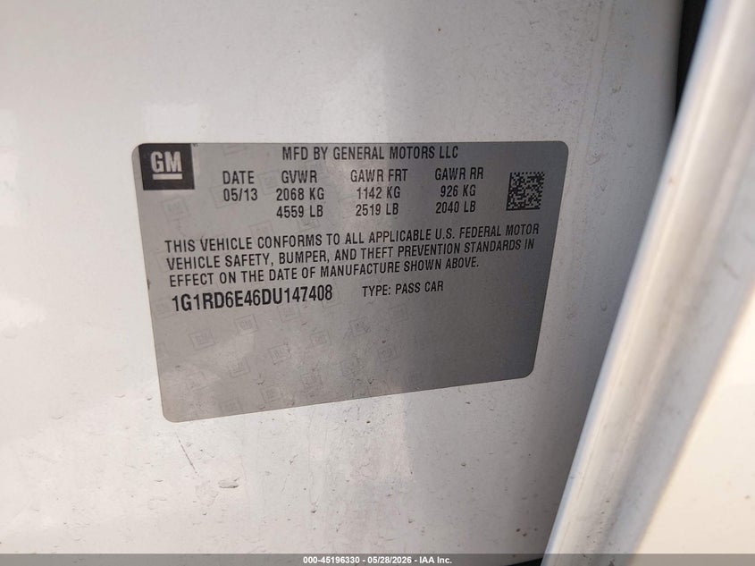 2013 Chevrolet Volt VIN: 1G1RD6E46DU147408 Lot: 45196330