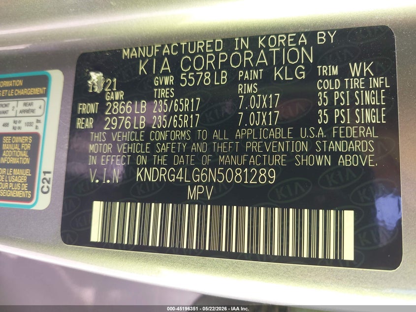 2022 Kia Sorento Hybrid S VIN: KNDRG4LG6N5081289 Lot: 45196351