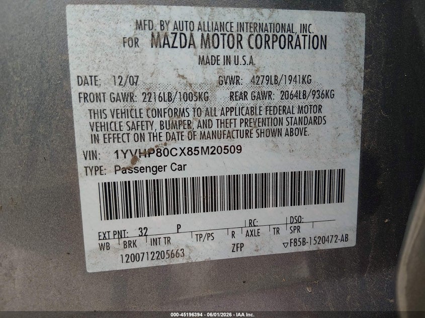 2008 Mazda Mazda6 I Sport Ve VIN: 1YVHP80CX85M20509 Lot: 45196394