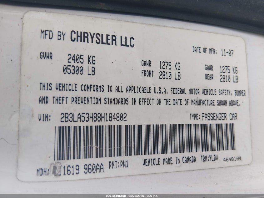 2008 Dodge Charger R/T VIN: 2B3LA53H88H184802 Lot: 45196400
