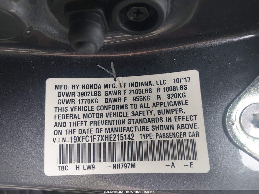 VIN 19XFC1F7XHE215142 2017 HONDA CIVIC EX-L