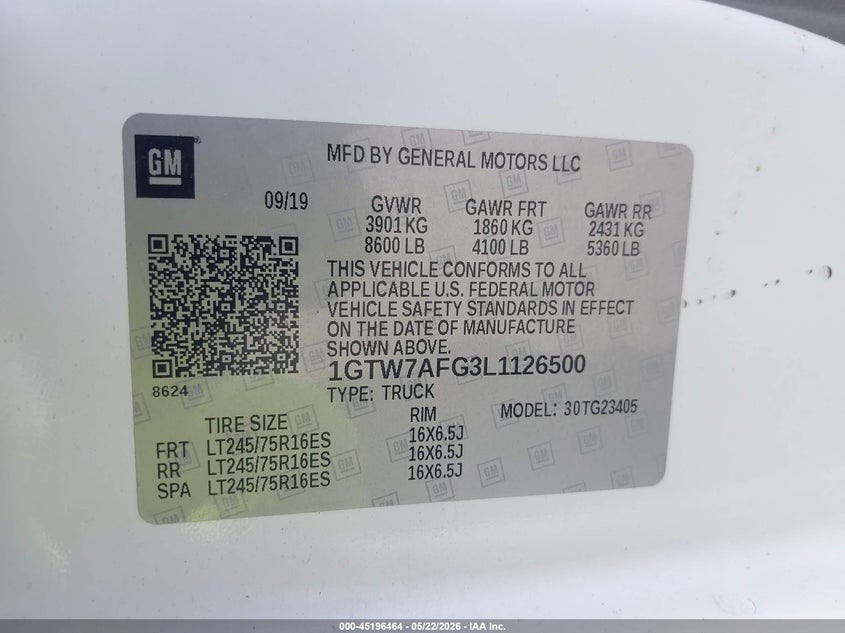 2020 GMC Savana Cargo Rwd 2500 Regular Wheelbase Work Van VIN: 1GTW7AFG3L1126500 Lot: 45196464