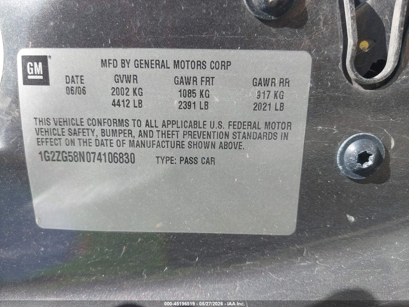 2007 Pontiac G6 VIN: 1G2ZG58N074106830 Lot: 45196519