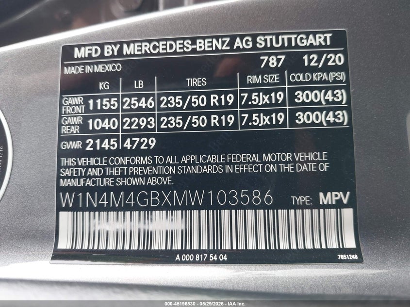 2021 Mercedes-Benz Glb 250 VIN: W1N4M4GBXMW103586 Lot: 45196530