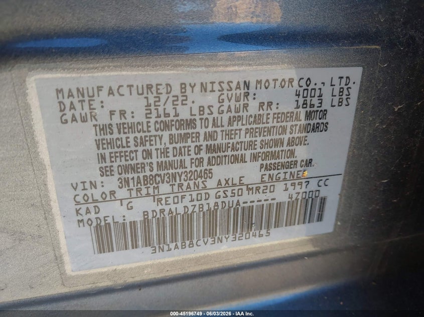 2022 Nissan Sentra Sv Xtronic Cvt VIN: 3N1AB8CV3NY320465 Lot: 45196749